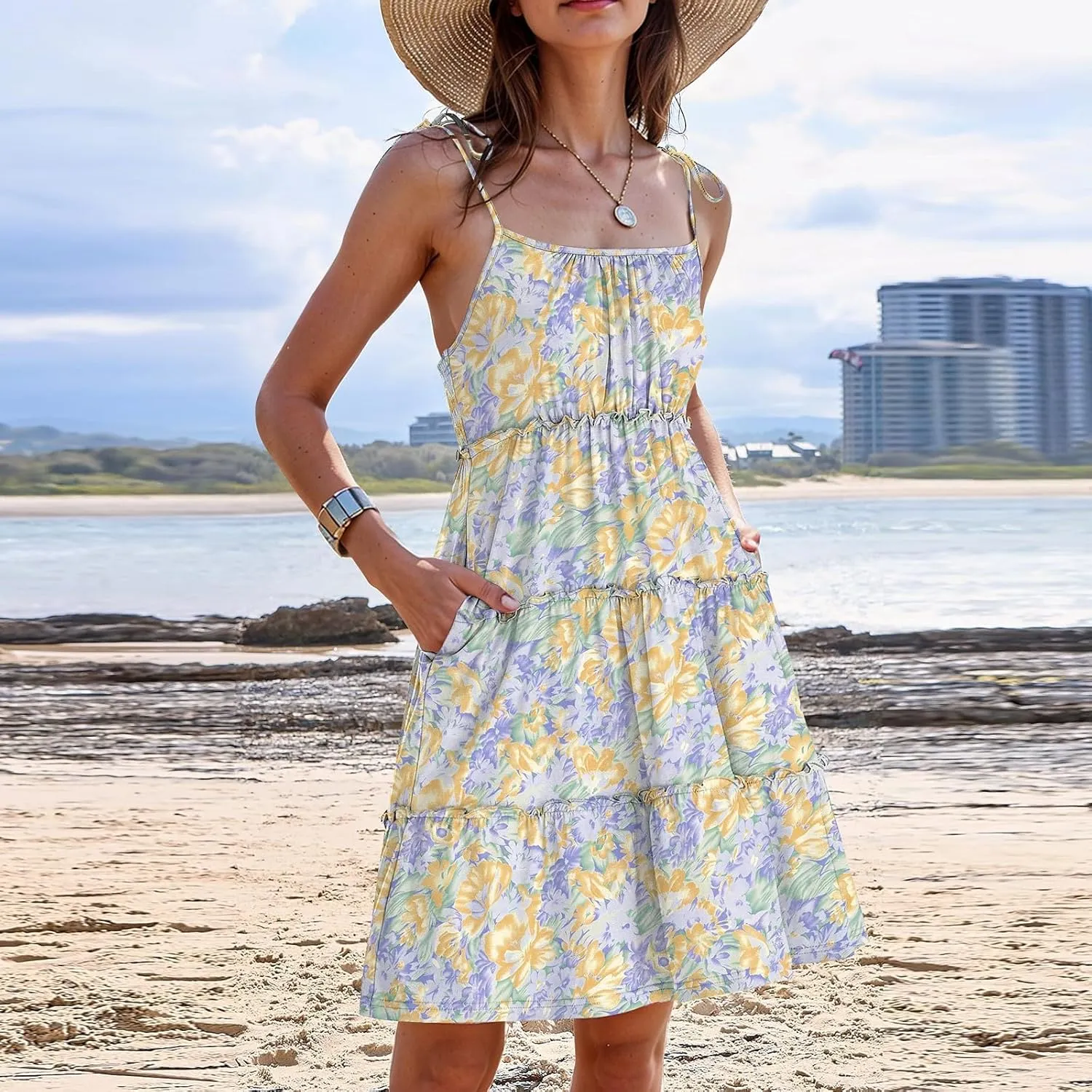 Sundresses for Women Vacation Spaghetti Strap Backless Floral Mini Dress Flowy Summer Tiered Ruffle Skater Dress