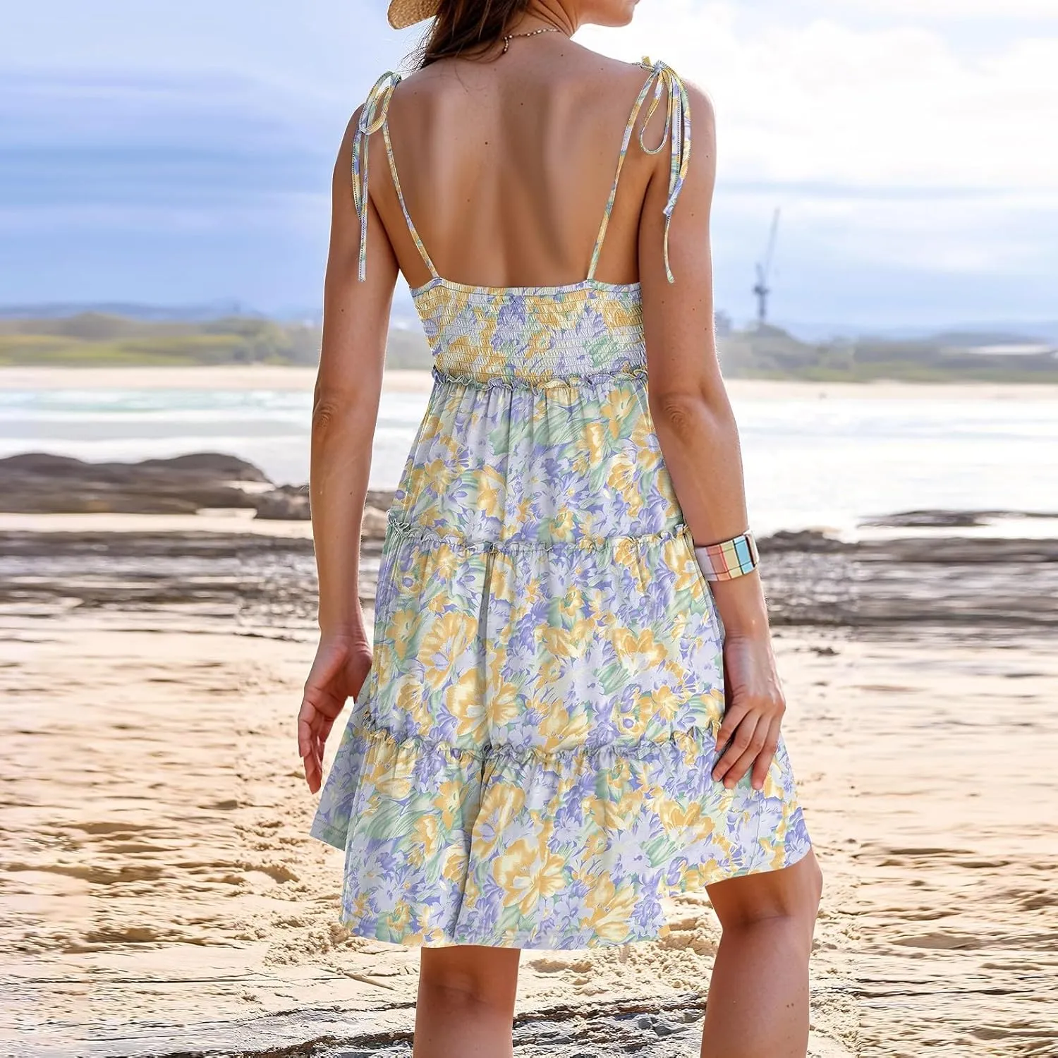 Sundresses for Women Vacation Spaghetti Strap Backless Floral Mini Dress Flowy Summer Tiered Ruffle Skater Dress