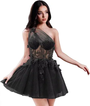 Sweetheart Tulle Short Homecoming Dresses Lace One Shoulder Floral Cocktail Dresses Beading Sequins Cocktail Dress