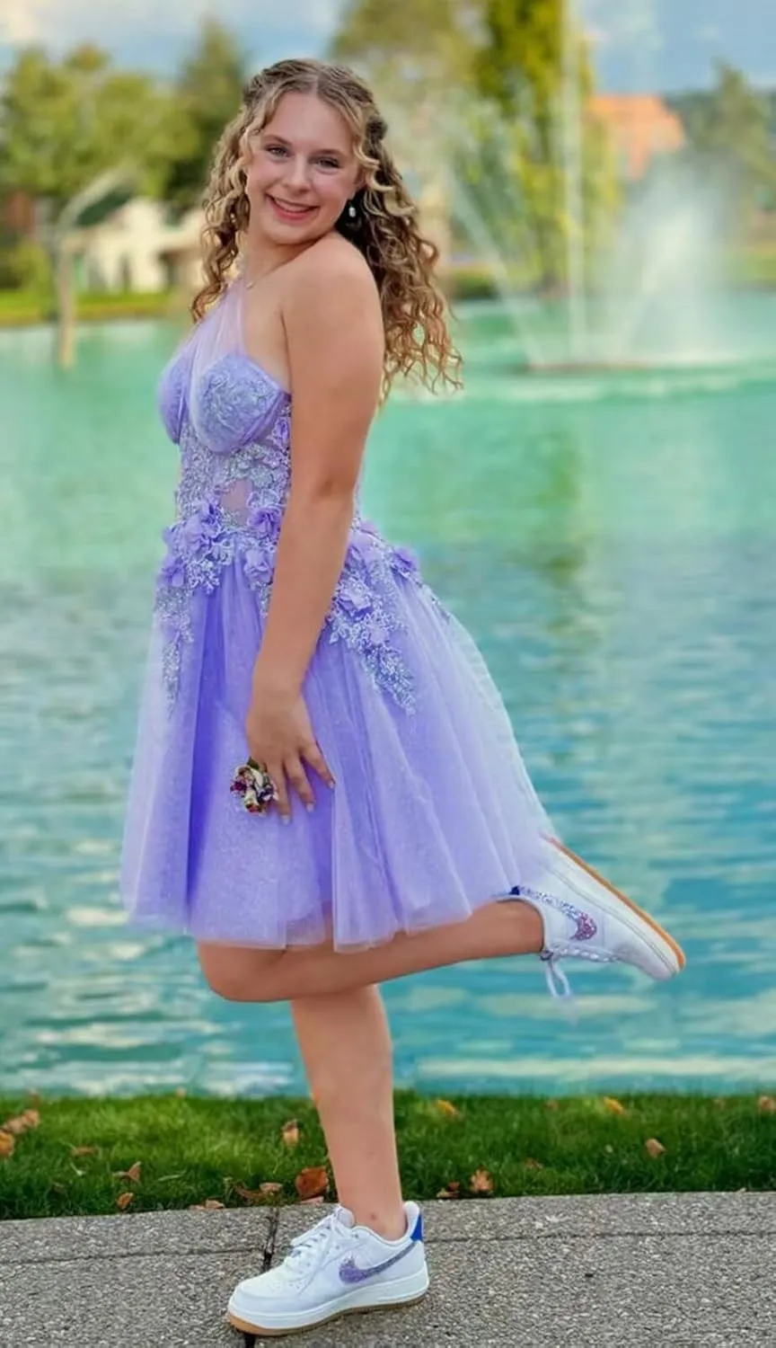 Sweetheart Tulle Short Homecoming Dresses Lace One Shoulder Floral Cocktail Dresses Beading Sequins Cocktail Dress
