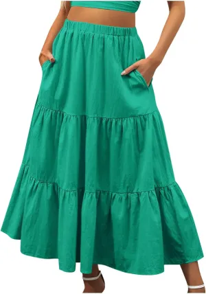TANGNADE Women's Skirts Knee Length High Waisted Vacation Skirts for Women Summer Trendy Flowy Travel Boho Skirt with Pocket