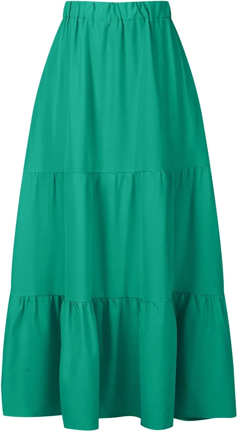 TANGNADE Women's Skirts Knee Length High Waisted Vacation Skirts for Women Summer Trendy Flowy Travel Boho Skirt with Pocket