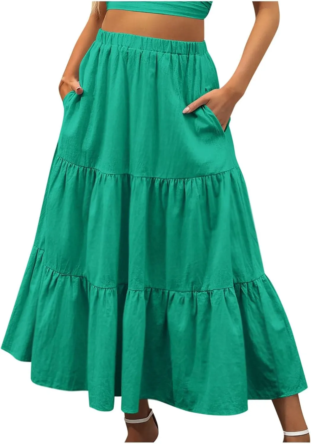 TANGNADE Women's Skirts Knee Length High Waisted Vacation Skirts for Women Summer Trendy Flowy Travel Boho Skirt with Pocket
