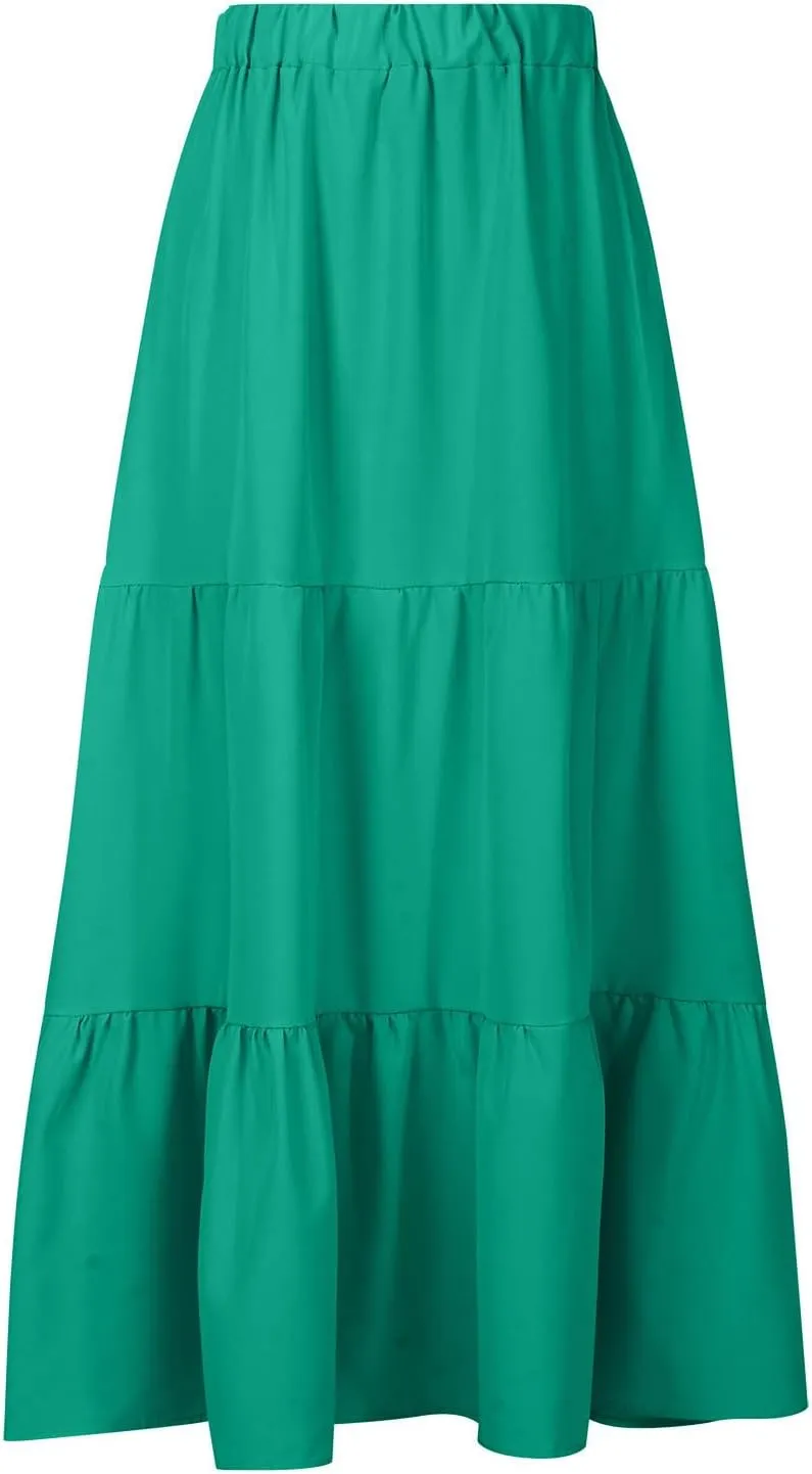TANGNADE Women's Skirts Knee Length High Waisted Vacation Skirts for Women Summer Trendy Flowy Travel Boho Skirt with Pocket