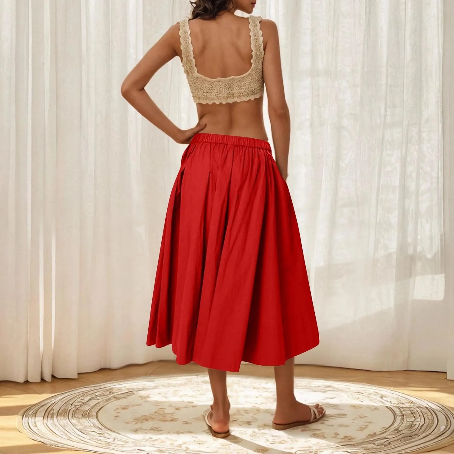 TANGNADE Womens Summer Skirts Casual Trendy High Waisted A Line Flowy Boho Midi Length Ladies Skirt Work Office Outfits