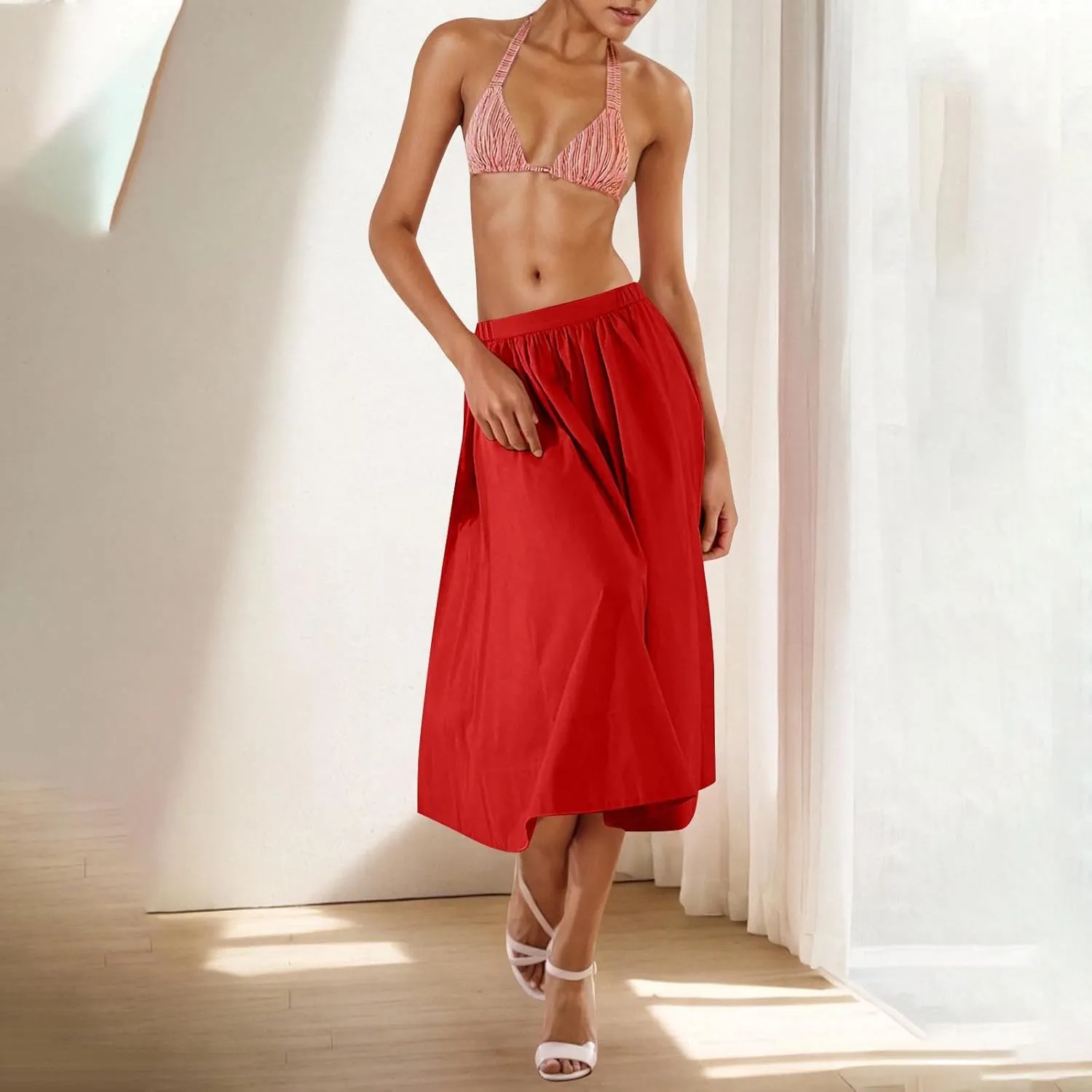 TANGNADE Womens Summer Skirts Casual Trendy High Waisted A Line Flowy Boho Midi Length Ladies Skirt Work Office Outfits