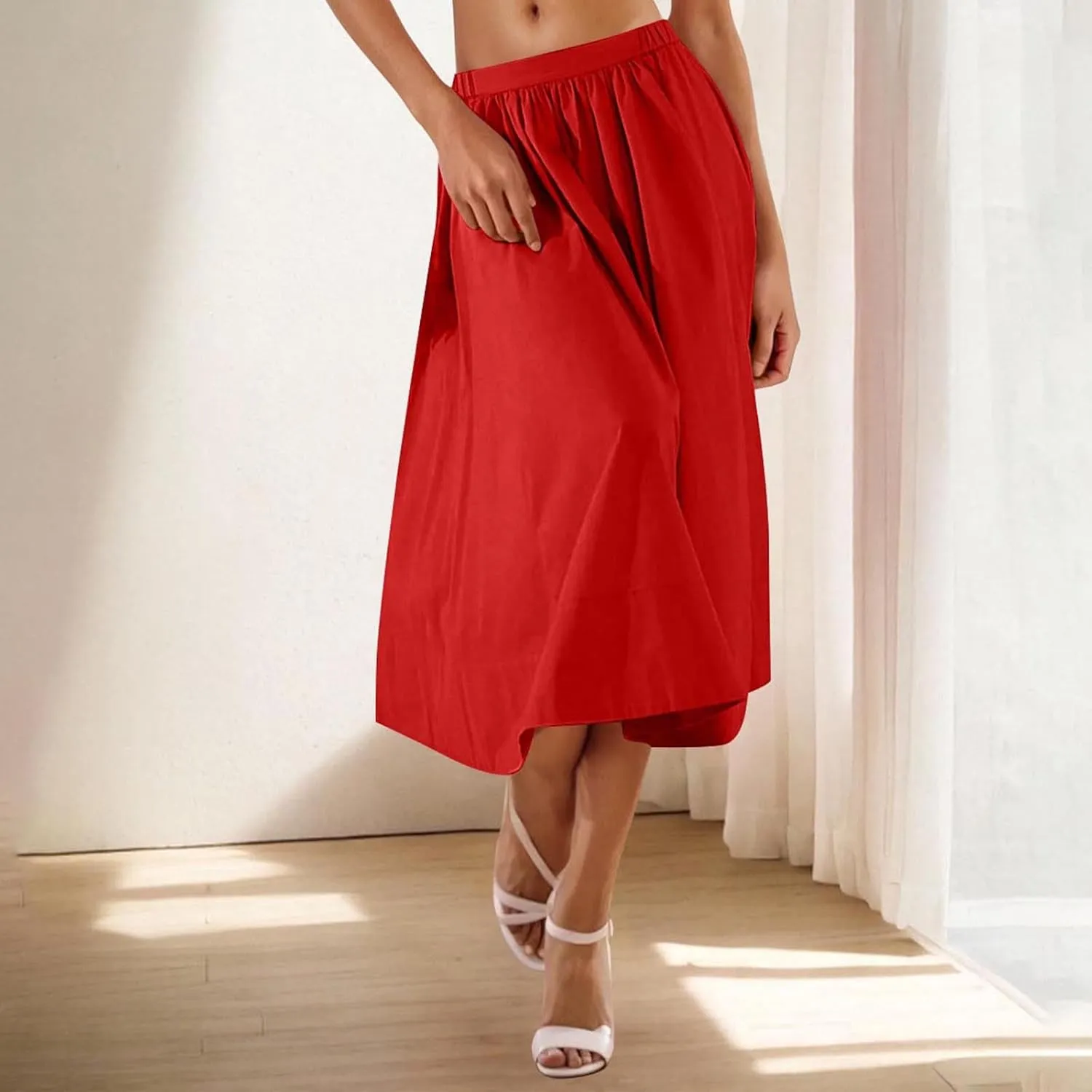 TANGNADE Womens Summer Skirts Casual Trendy High Waisted A Line Flowy Boho Midi Length Ladies Skirt Work Office Outfits