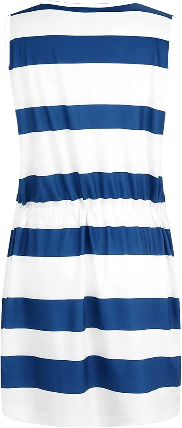 TARIENDY Dresses for Women Casual Summer Striped Dress Sleeveless Drawstring Sundress Comfy Vacation Outfits with Pockets