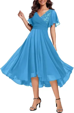 Tea Length Chiffon Mother of Bride Dress with Short Sleeves V-Neck Lace Applique Mother of Groom Dresses