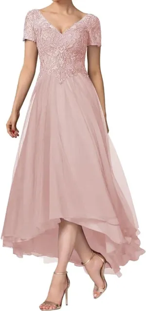 Tea Length Mother of The Bride Dress V-Neck Short Sleeve Chiffon Lace Applique Mom Formal Wedding Guest Dresses