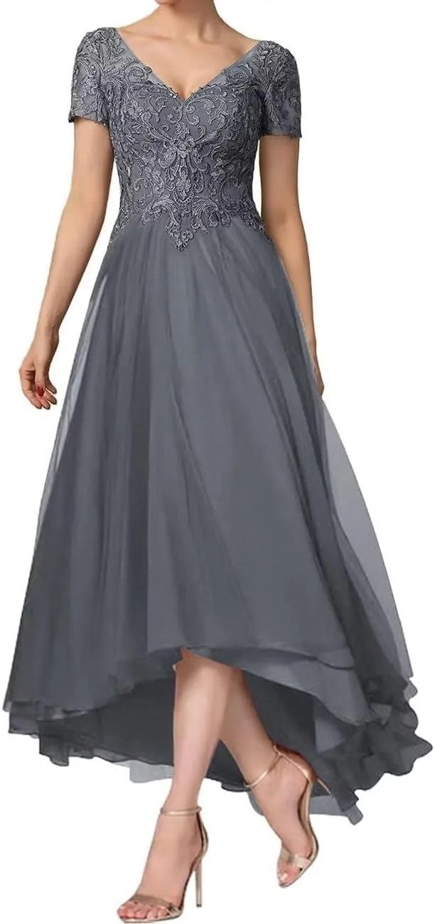 Tea Length Mother of The Bride Dress V-Neck Short Sleeve Chiffon Lace Applique Mom Formal Wedding Guest Dresses