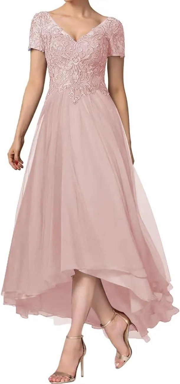 Tea Length Mother of The Bride Dress V-Neck Short Sleeve Chiffon Lace Applique Mom Formal Wedding Guest Dresses