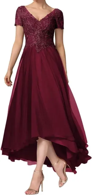 Tea Length Mother of The Bride Dress V-Neck Short Sleeve Chiffon Lace Applique Mom Formal Wedding Guest Dresses