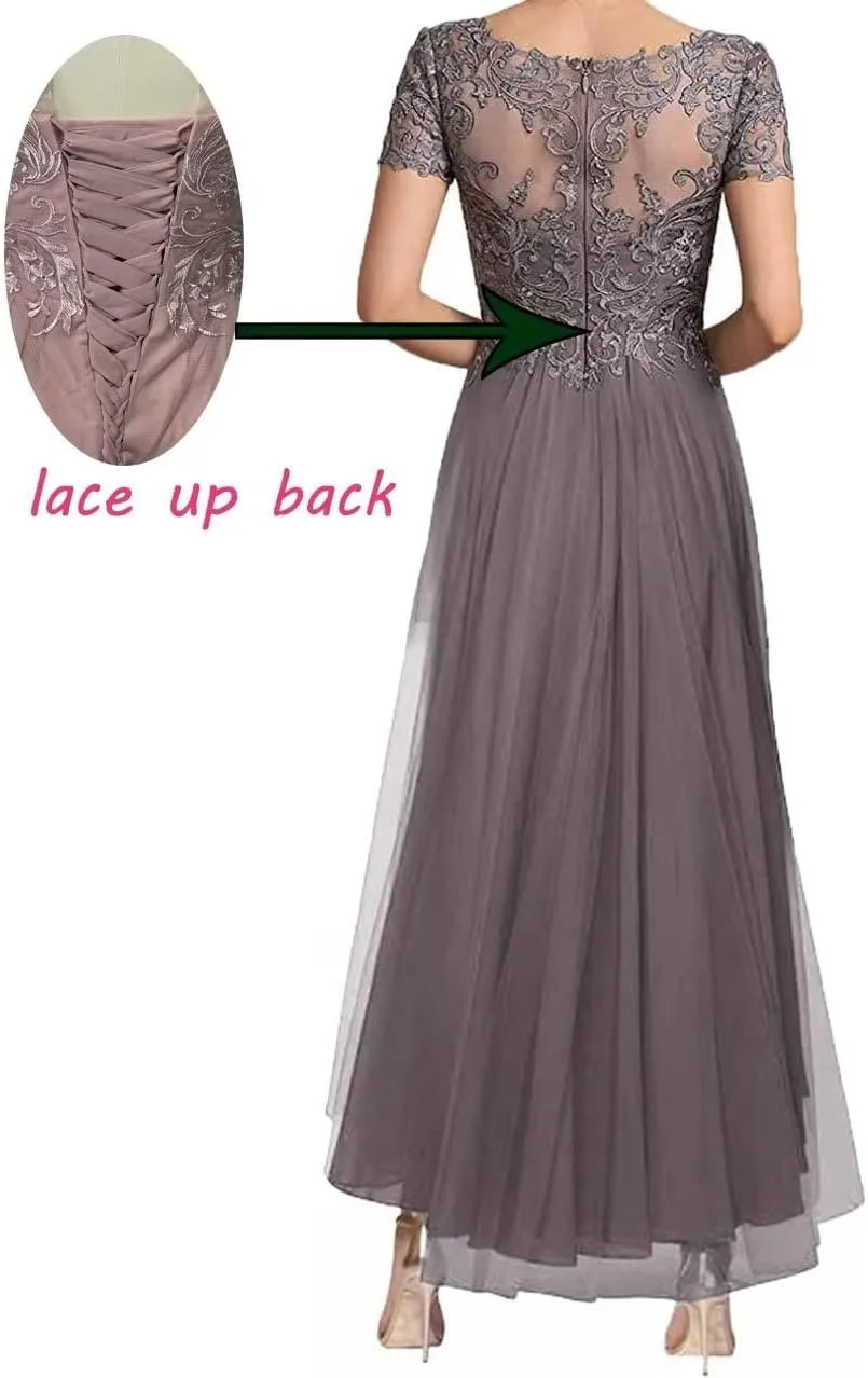 Tea Length Mother of The Bride Dress V-Neck Short Sleeve Chiffon Lace Applique Mom Formal Wedding Guest Dresses