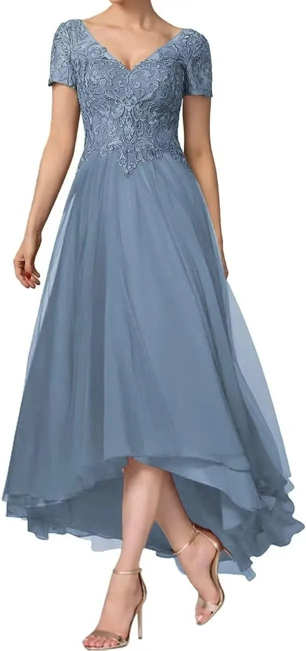 Tea Length Mother of The Bride Dress V-Neck Short Sleeve Chiffon Lace Applique Mom Formal Wedding Guest Dresses
