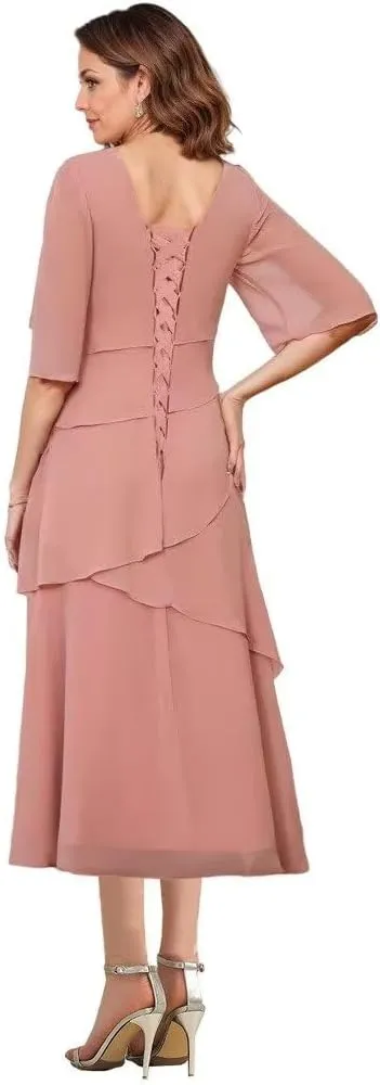 Tea Length Mother of The Bride Dresses for Wedding Chiffon Tiered Formal Dress with Sleeves