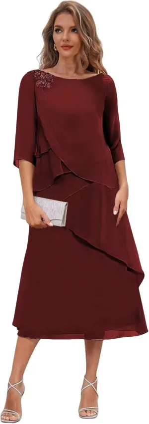Tea Length Mother of The Bride Dresses for Wedding Chiffon Tiered Formal Dress with Sleeves