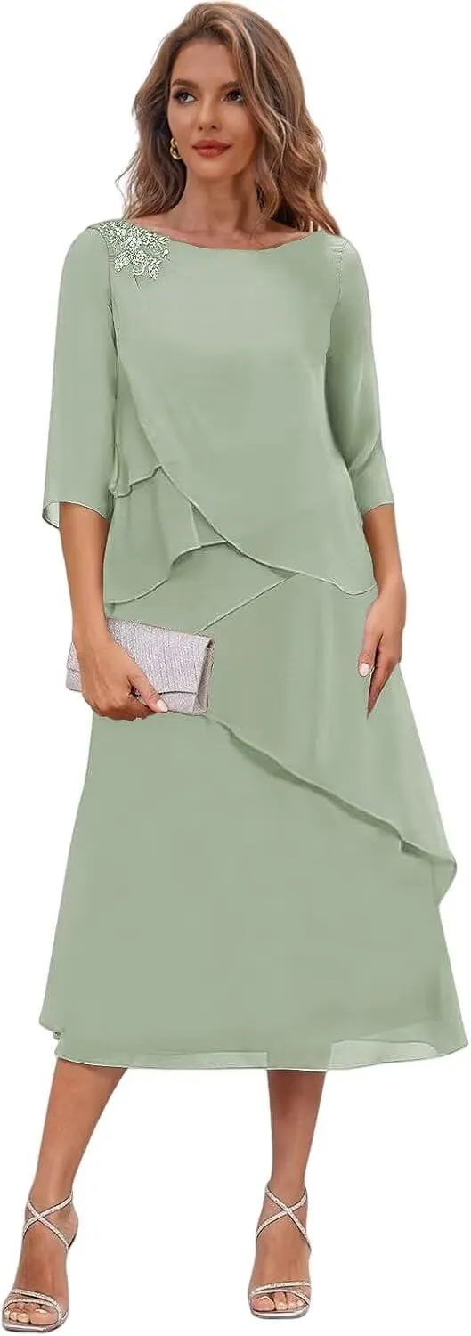 Tea Length Mother of The Bride Dresses for Wedding Chiffon Tiered Formal Dress with Sleeves
