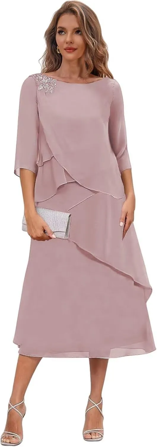 Tea Length Mother of The Bride Dresses for Wedding Chiffon Tiered Formal Dress with Sleeves