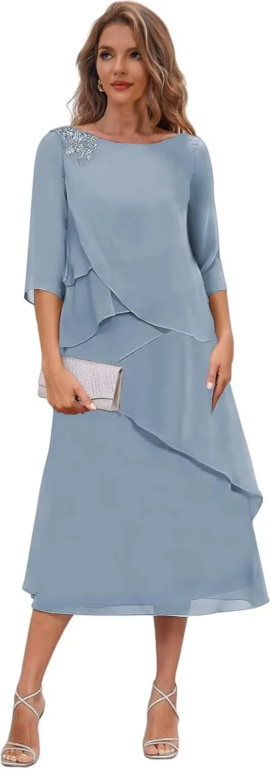 Tea Length Mother of The Bride Dresses for Wedding Chiffon Tiered Formal Dress with Sleeves
