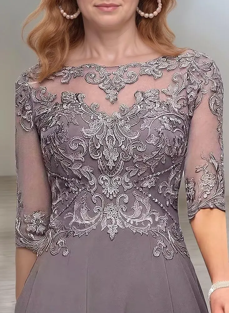 Tea Length Mother of The Bride Dresses for Wedding Lace Appliques Half Sleeve Chiffon Formal Evening Party Gown