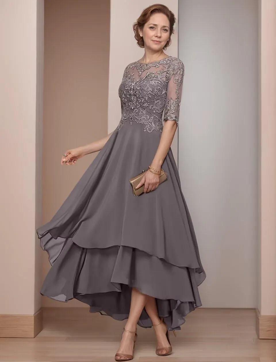 Tea Length Mother of The Bride Dresses for Wedding Lace Appliques Half Sleeve Chiffon Formal Evening Party Gown