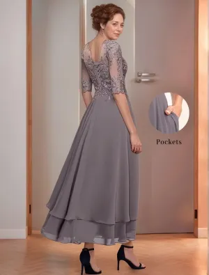 Tea Length Mother of The Bride Dresses for Wedding Lace Appliques Half Sleeve Chiffon Formal Evening Party Gown