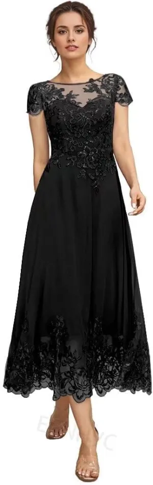 Tea Length Mother of The Bride Dresses for Wedding Lace Appliques Scoop Formal Dress with Sleeves
