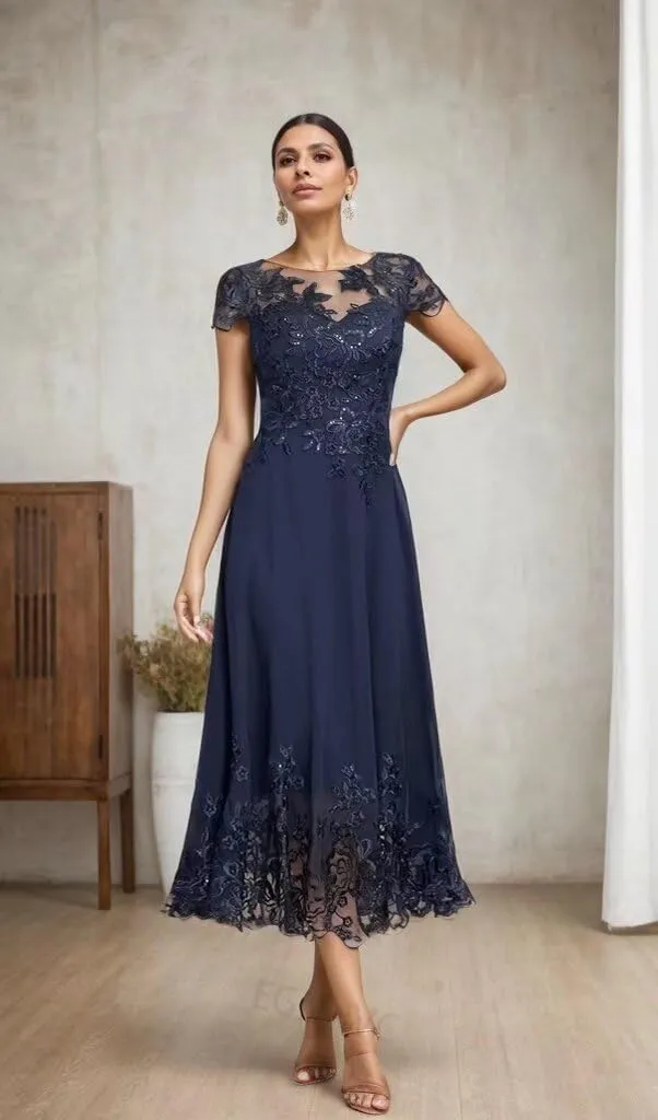 Tea Length Mother of The Bride Dresses for Wedding Lace Appliques Scoop Formal Dress with Sleeves