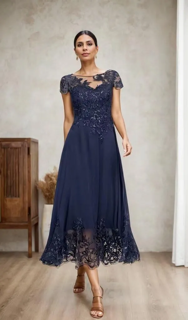 Tea Length Mother of The Bride Dresses for Wedding Lace Appliques Scoop Formal Dress with Sleeves