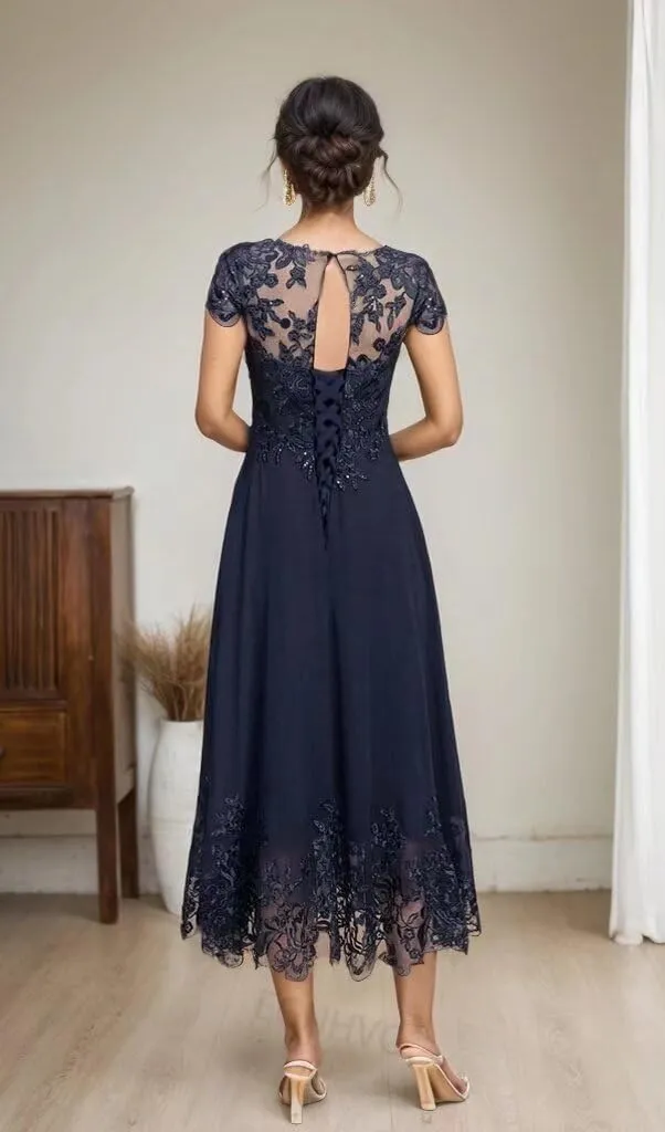 Tea Length Mother of The Bride Dresses for Wedding Lace Appliques Scoop Formal Dress with Sleeves