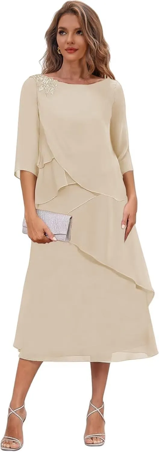 Tea Length Mother of The Bride Dresses for Women Chiffon Formal Dress with Sleeves Tiered Evening Gown