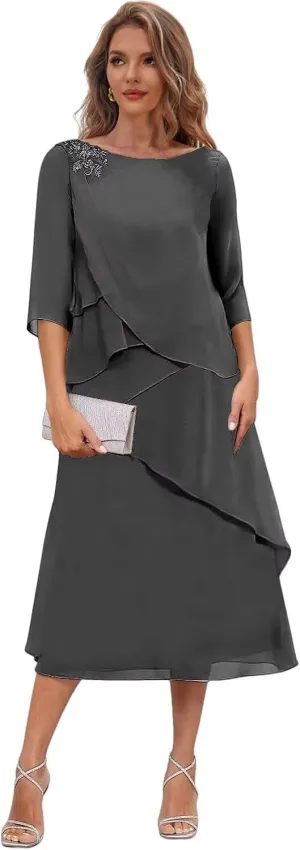 Tea Length Mother of The Bride Dresses for Women Chiffon Formal Dress with Sleeves Tiered Evening Gown