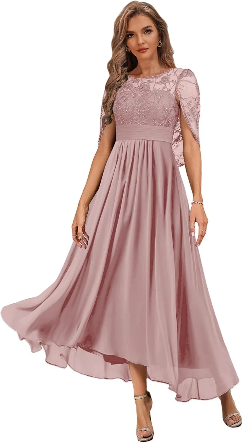 Tea Length Mother of The Bride Dresses with Cape Lace Formal Dress for Wedding High Low Evening Gown