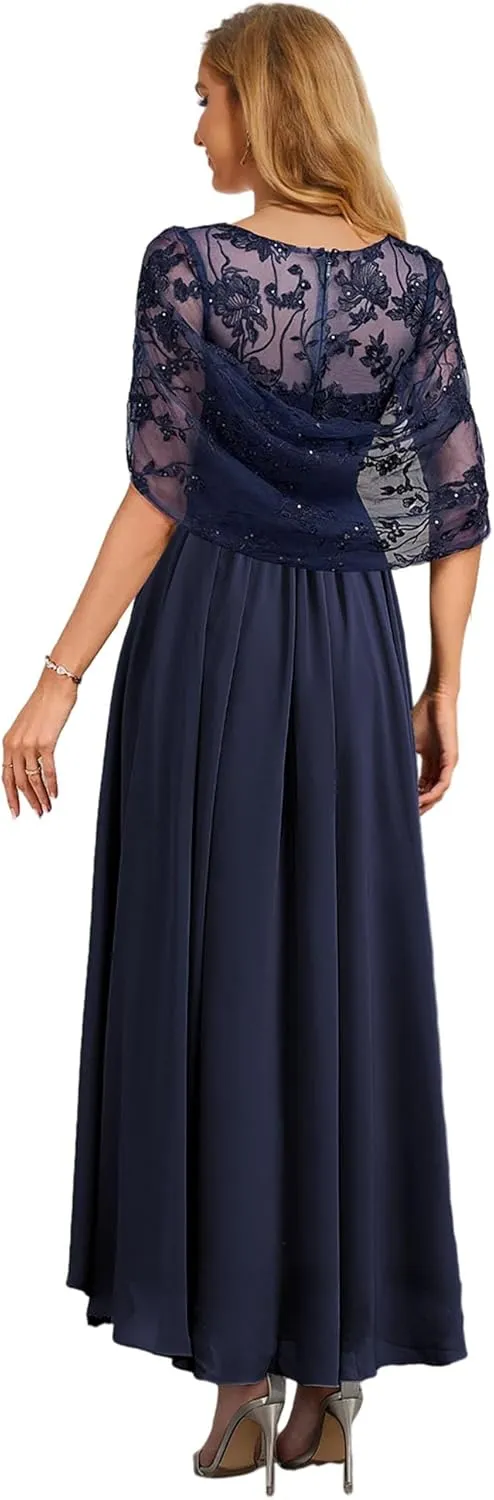 Tea Length Mother of The Bride Dresses with Cape Lace Formal Dress for Wedding High Low Evening Gown