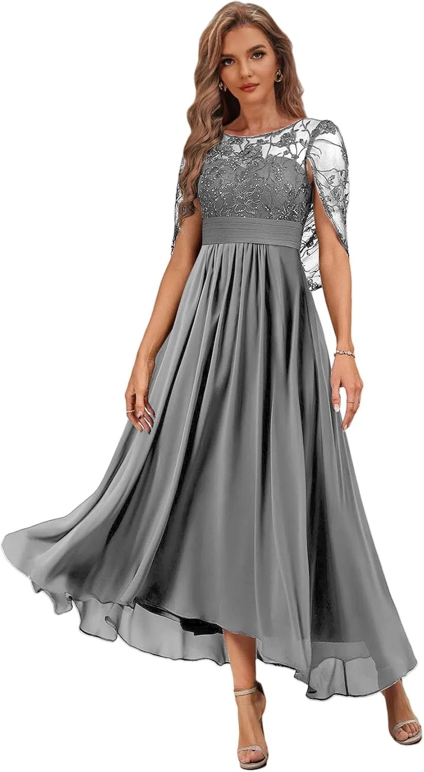 Tea Length Mother of The Bride Dresses with Cape Lace Formal Dress for Wedding High Low Evening Gown