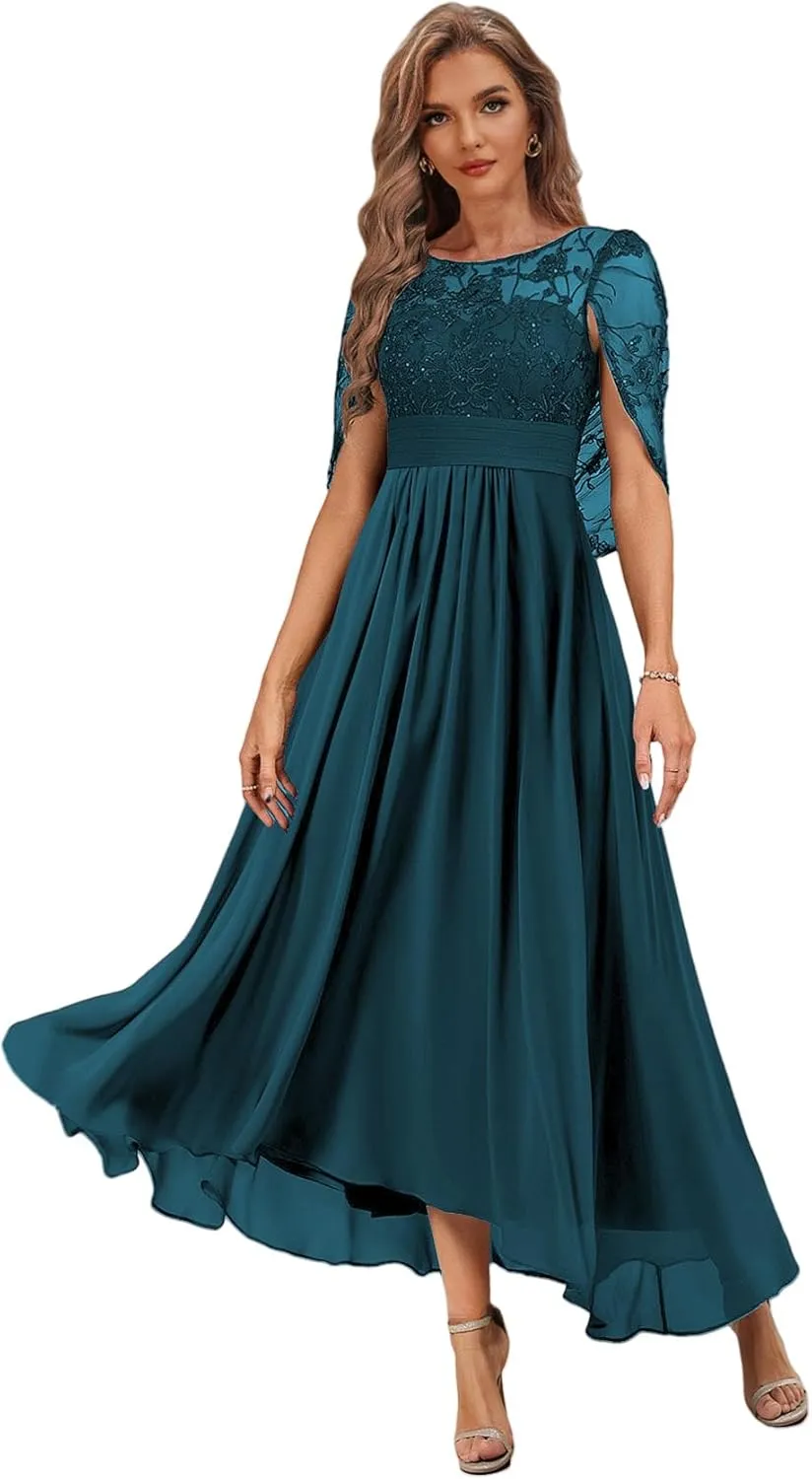 Tea Length Mother of The Bride Dresses with Cape Lace Formal Dress for Wedding High Low Evening Gown