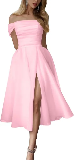 Tea Length Organza Prom Dresses Off Shoulder Midi Ball Gown Corset Wedding Dresses with Slit