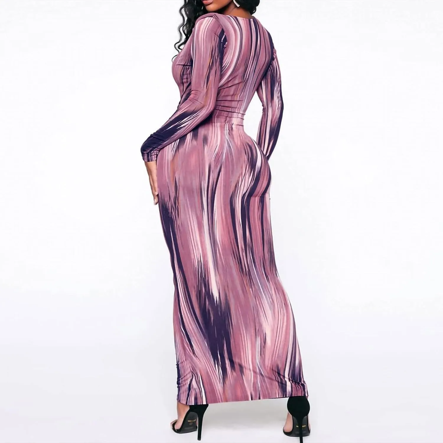 The Viral Waist Illusion Dress,Waist Illusion Dress for Women,V Neck Casual Long Sleeve Maxi Ruched Slim Fit