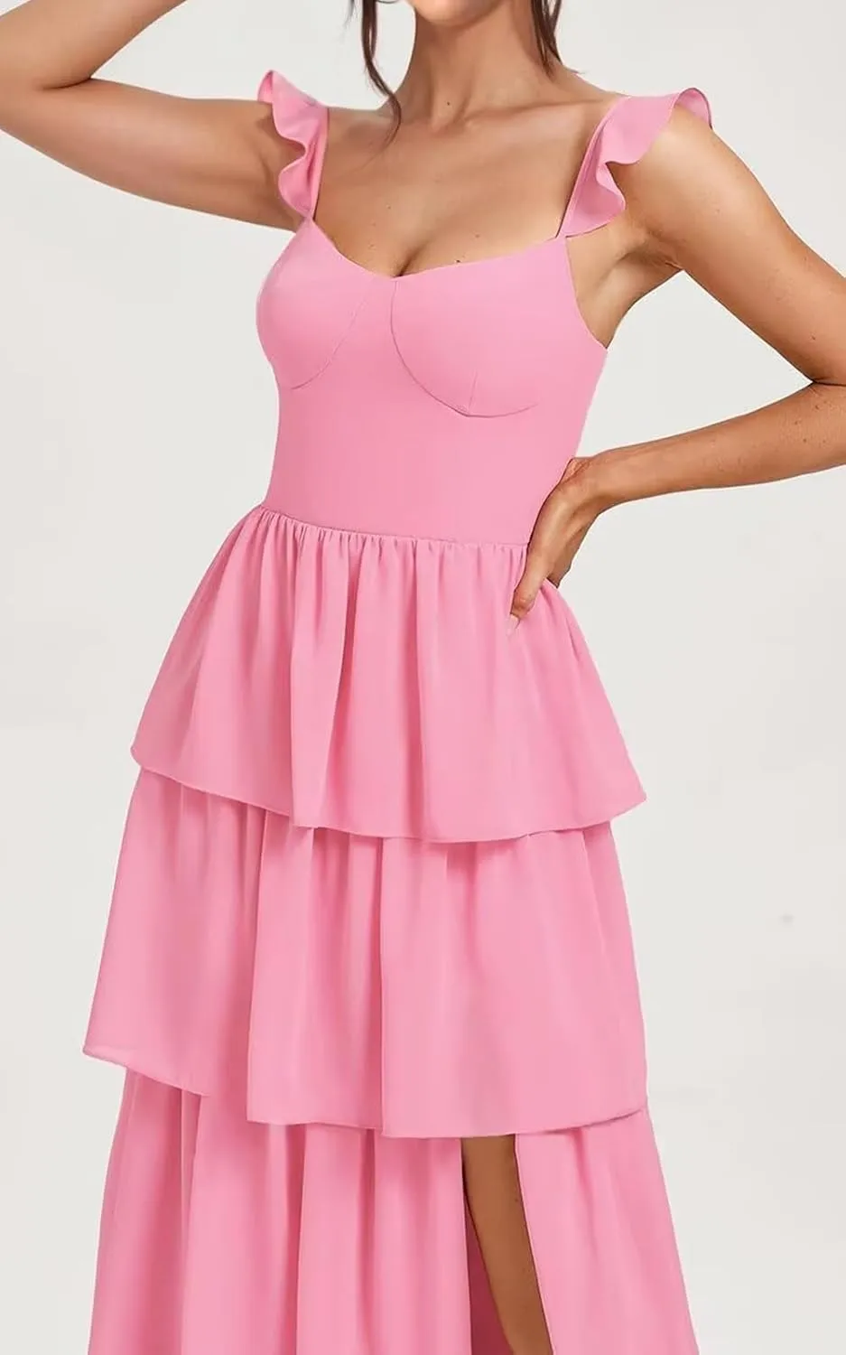 Tiered Chiffon Long Bridesmaid Dress for Wedding Ruffle Spaghetti Strap Formal Evening Dresses 2025