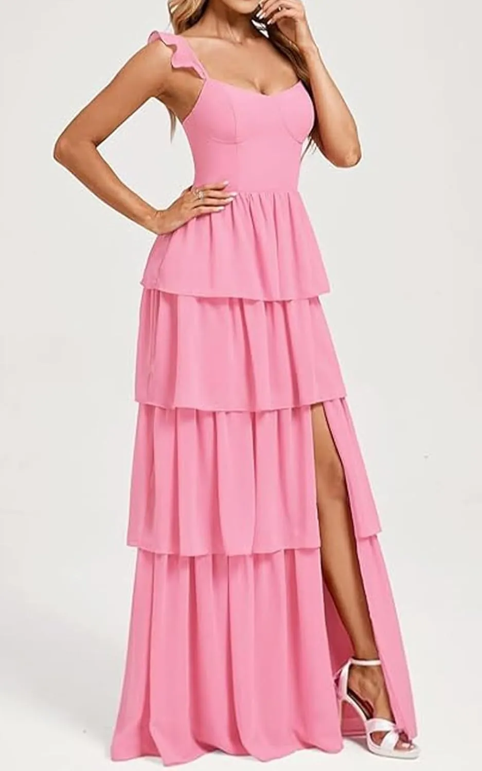 Tiered Chiffon Long Bridesmaid Dress for Wedding Ruffle Spaghetti Strap Formal Evening Dresses 2025