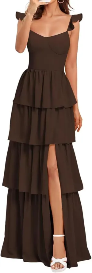 Tiered Chiffon Long Bridesmaid Dress for Wedding Ruffle Spaghetti Strap Formal Evening Dresses 2025