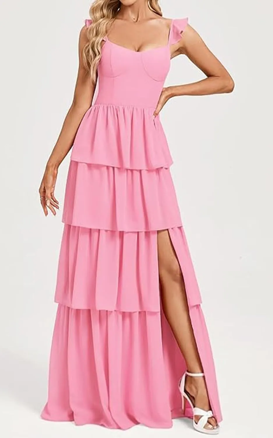 Tiered Chiffon Long Bridesmaid Dress for Wedding Ruffle Spaghetti Strap Formal Evening Dresses 2025