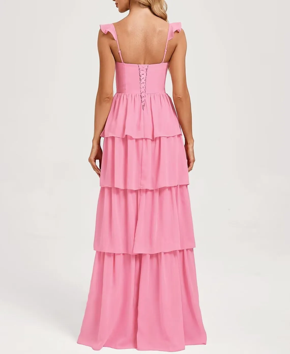 Tiered Chiffon Long Bridesmaid Dress for Wedding Ruffle Spaghetti Strap Formal Evening Dresses 2025
