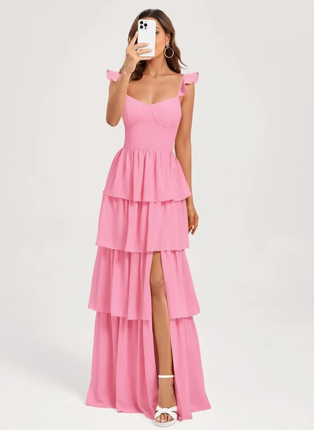 Tiered Chiffon Long Bridesmaid Dress for Wedding Ruffle Spaghetti Strap Formal Evening Dresses 2025
