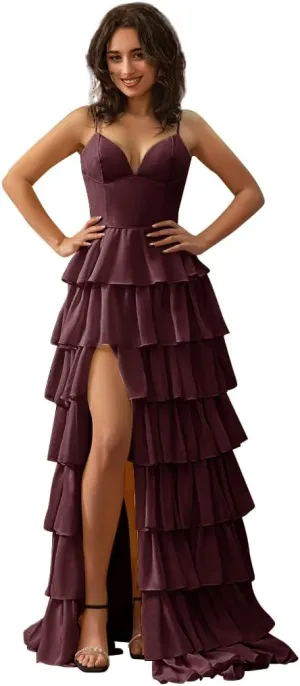Tiered Chiffon Prom Dresses for Women 2025 Ruffle Corset Ball Gowns Spaghetti Straps Evening Party Dress