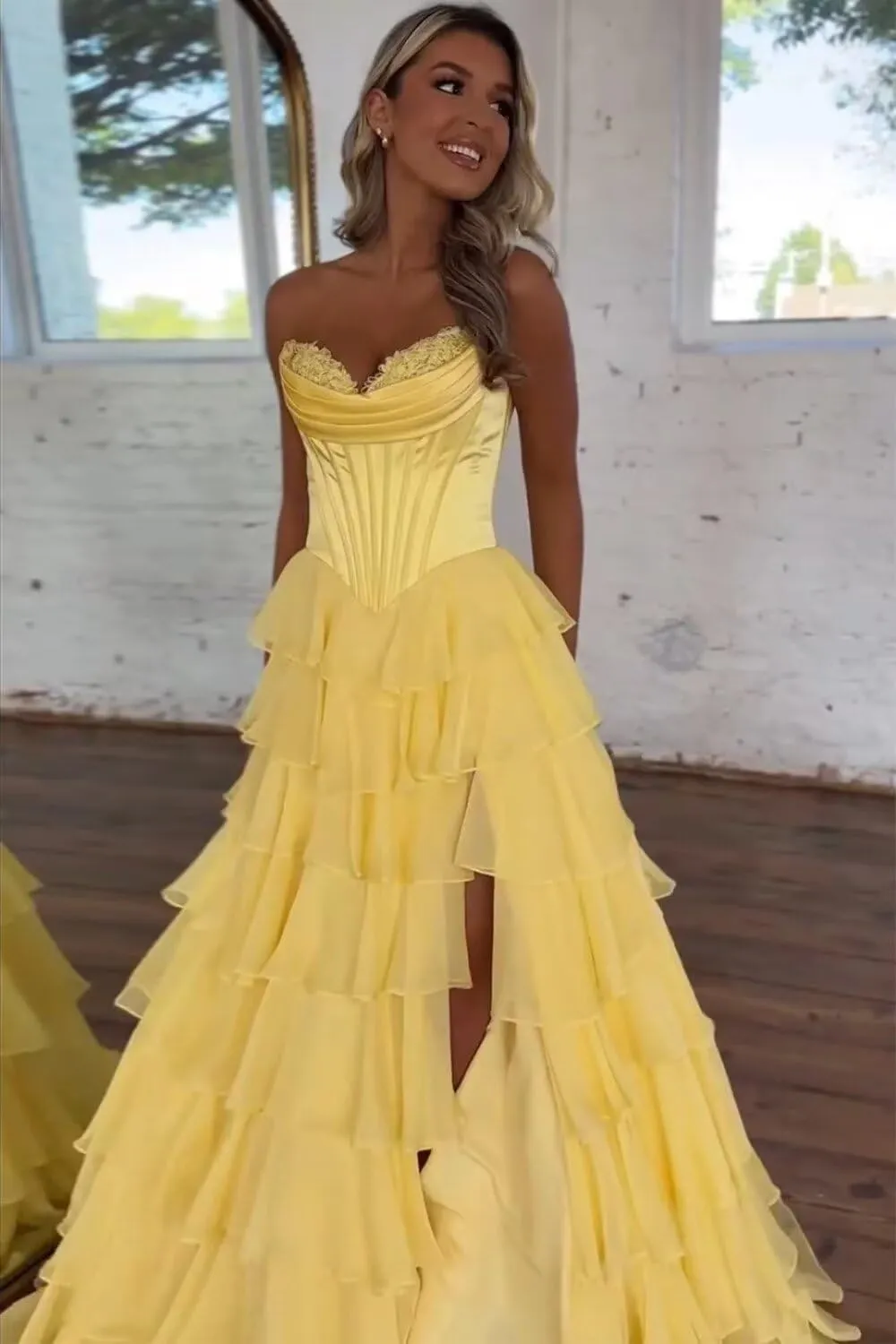 Tiered Prom Dresses Tulle for Women 2025 with Satin Corset Chiffon Ruffle Slit Long Formal Evening Gown