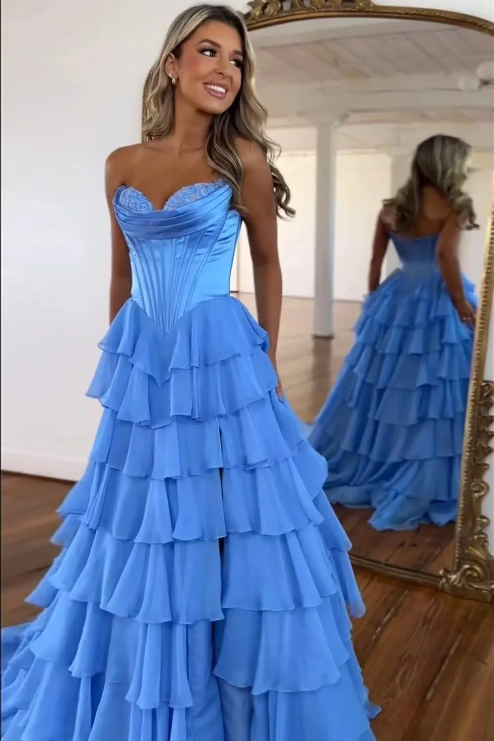 Tiered Prom Dresses Tulle for Women 2025 with Satin Corset Chiffon Ruffle Slit Long Formal Evening Gown