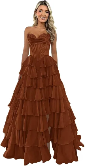 Tiered Prom Dresses Tulle for Women 2025 with Satin Corset Chiffon Ruffle Slit Long Formal Evening Gown