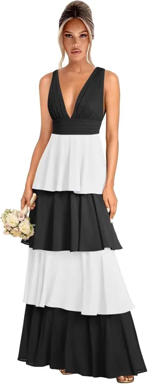 Tiered Ruffle Chiffon Bridesmaid Dresses for Women 2025 A Line V Neck Formal Evening Party Dress Long